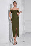 Army Green Sheath Off the Shoulder Tea Length Prom Kjole med slids