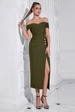 Army Green Sheath Off the Shoulder Tea Length Prom Kjole med slids