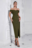 Army Green Sheath Off the Shoulder Tea Length Prom Kjole med slids