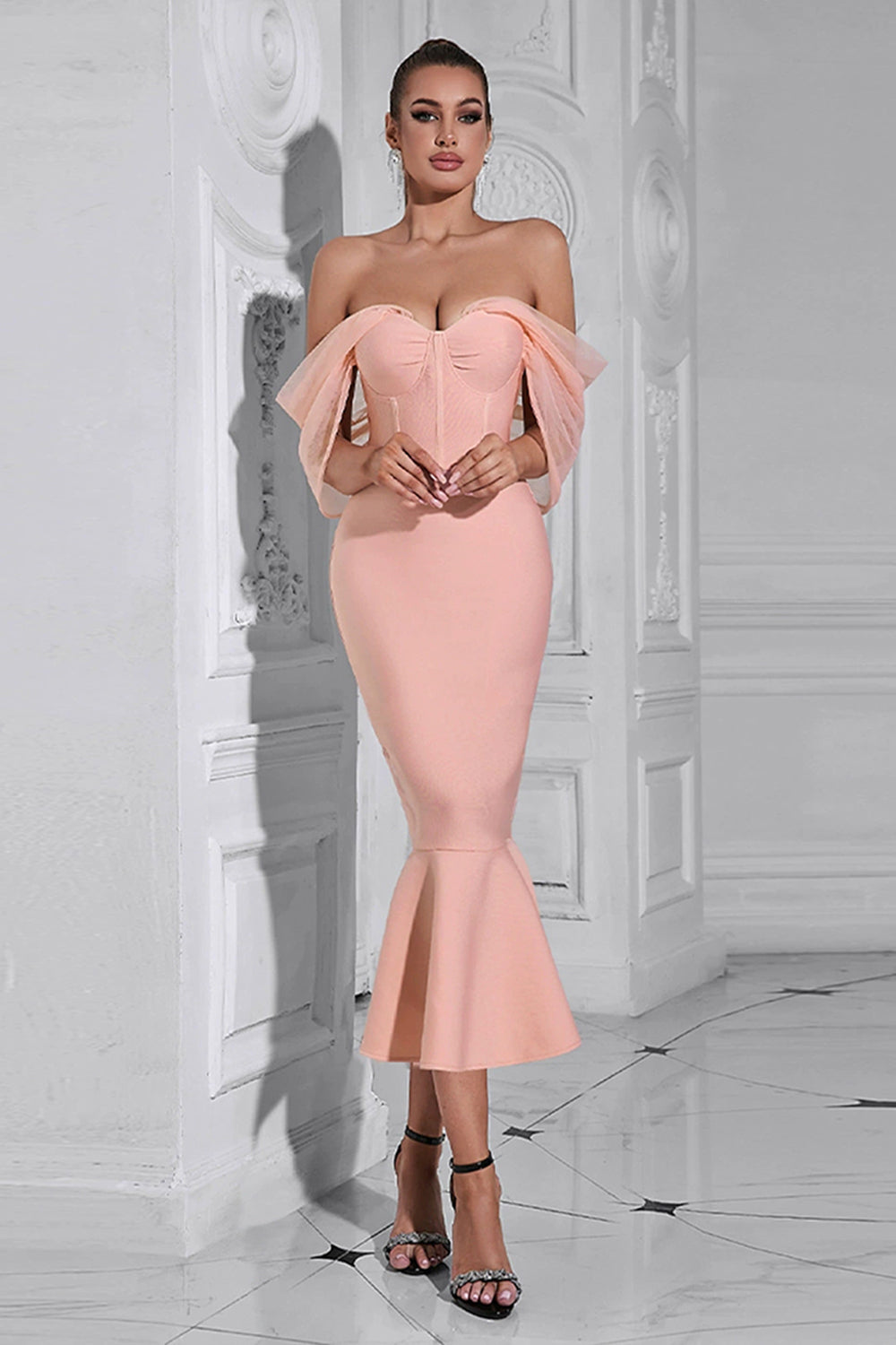 Blush havfrue korset Off the Shoulder Tea længde gallakjole