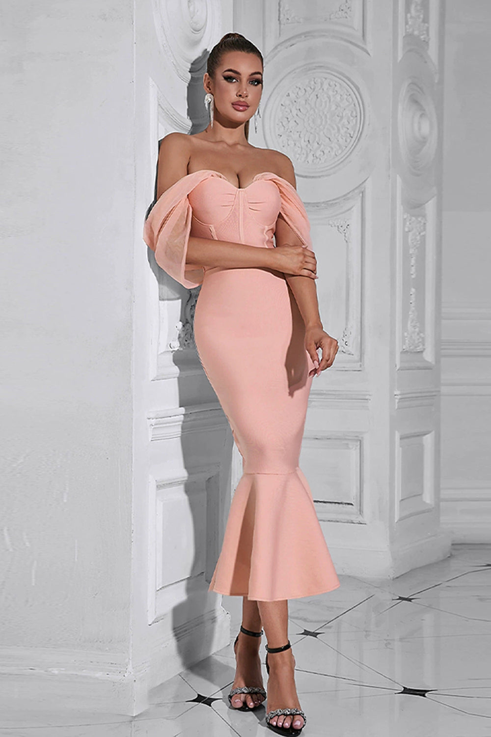 Blush havfrue korset Off the Shoulder Tea længde gallakjole
