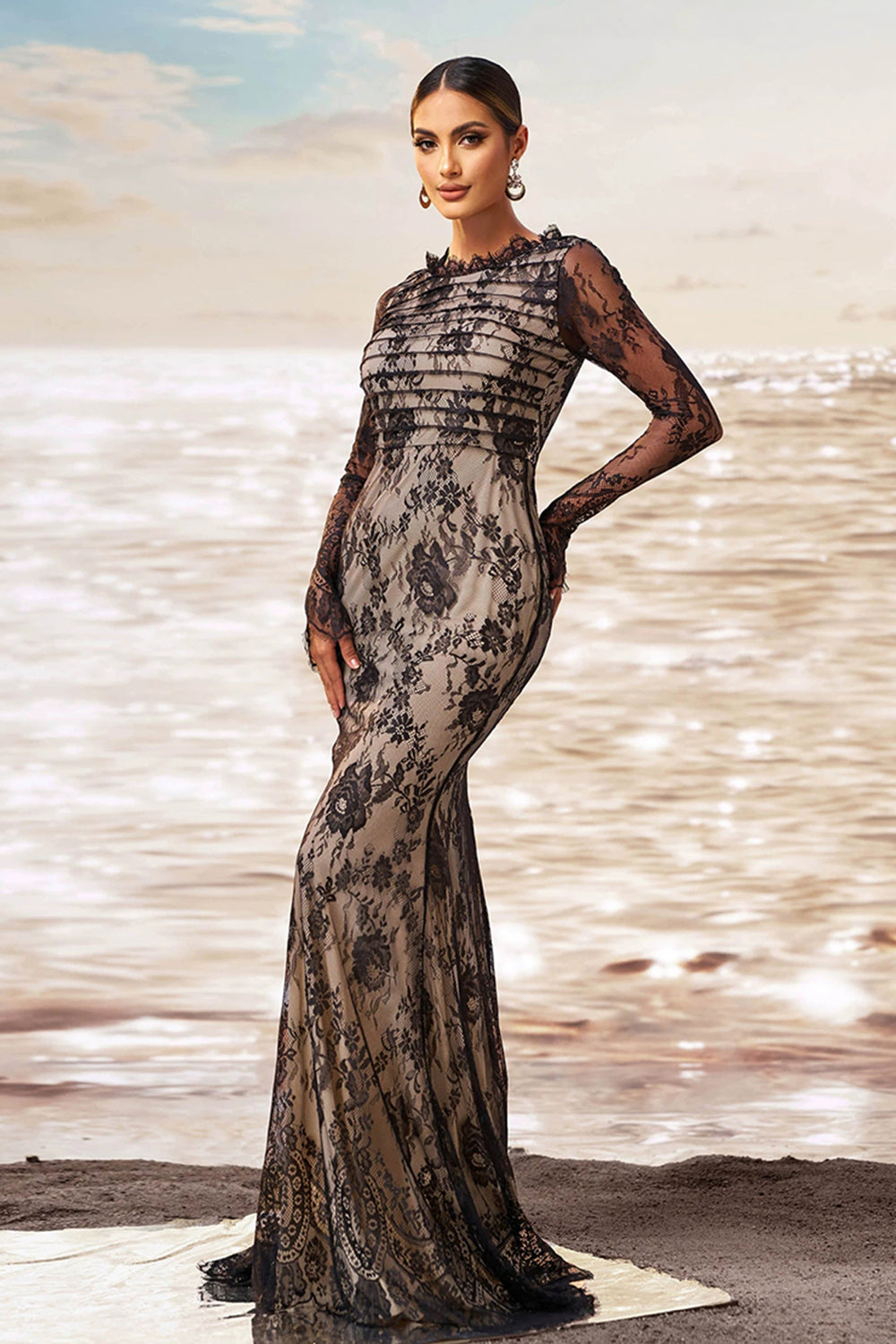 Sort abrikos havfrue flæsede hals lange ærmer rynket blonder lang formel kjole