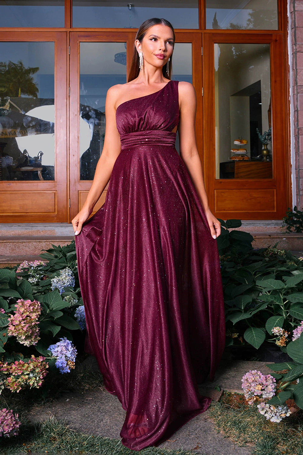 Glitrende bordeaux En skulder En linje Ruched Prom Kjole