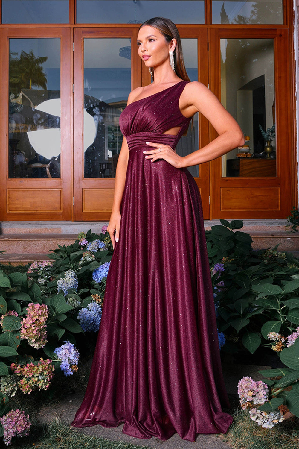 Glitrende bordeaux En skulder En linje Ruched Prom Kjole