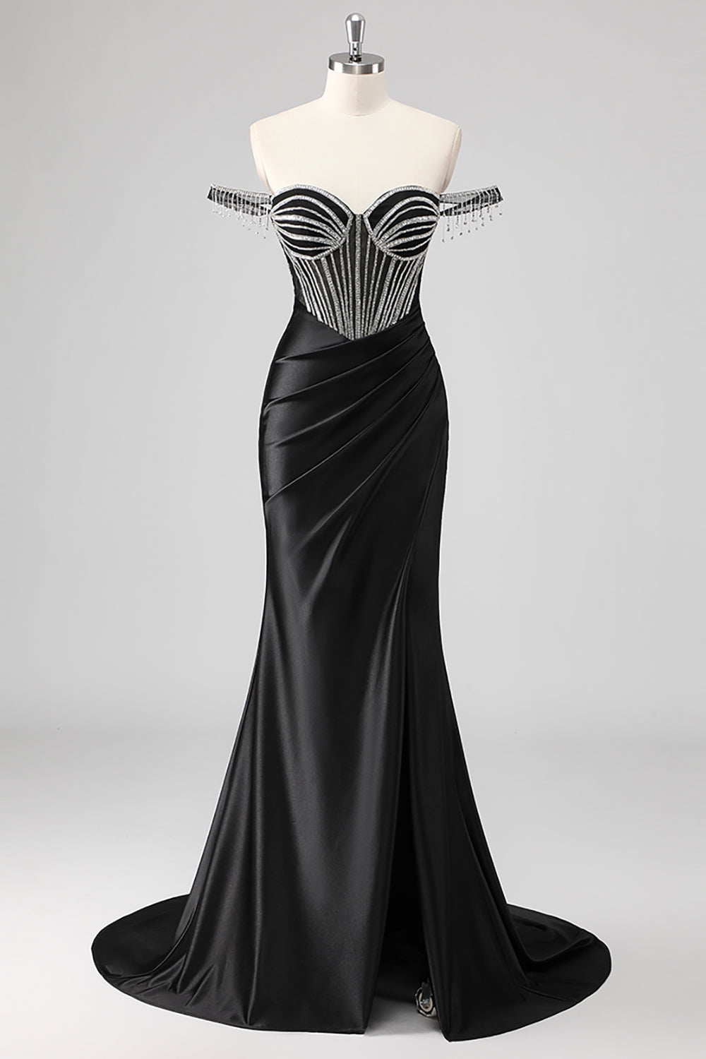 Glitrende havfrue kold skulder beadlet lang lyserød gallakjole med slids