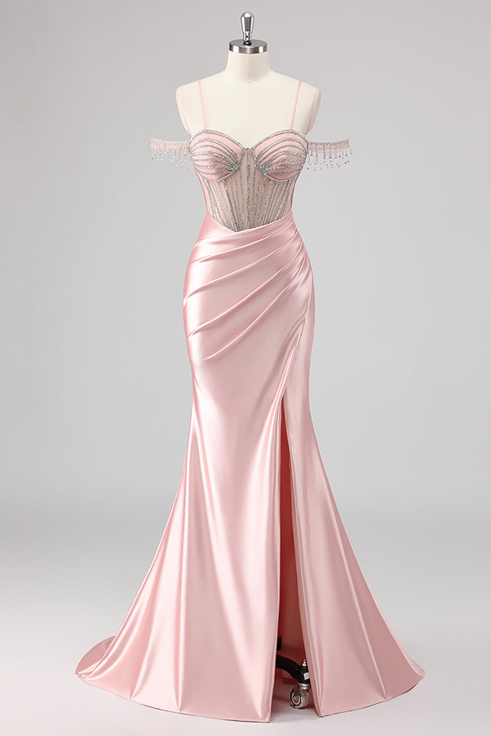 Glitrende havfrue kold skulder beadlet lang lyserød gallakjole med slids