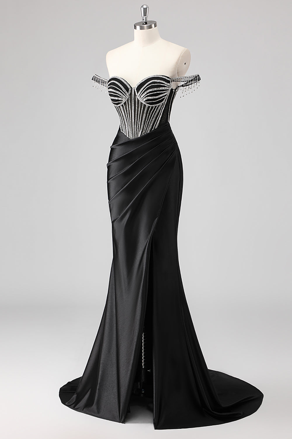 Glitrende havfrue kold skulder beadlet lang lyserød gallakjole med slids