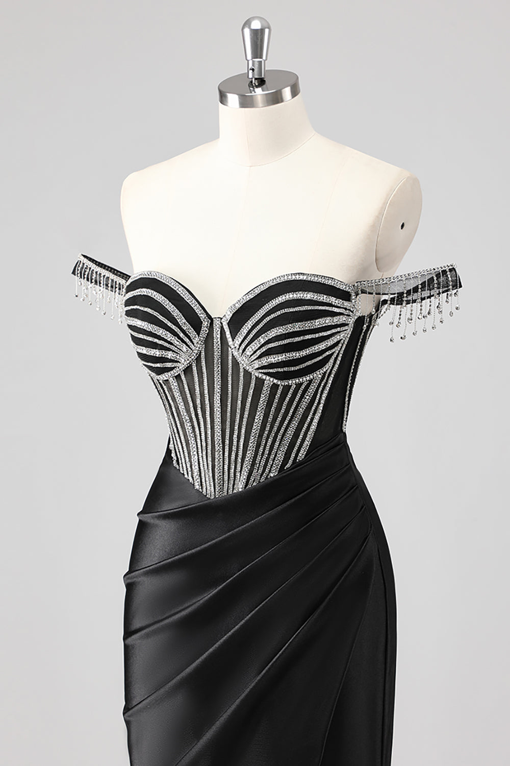 Glitrende havfrue kold skulder beadlet lang lyserød gallakjole med slids