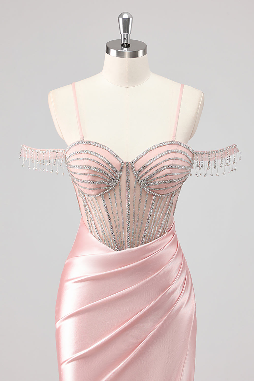 Glitrende havfrue kold skulder beadlet lang lyserød gallakjole med slids
