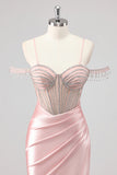 Glitrende havfrue kold skulder beadlet lang lyserød gallakjole med slids