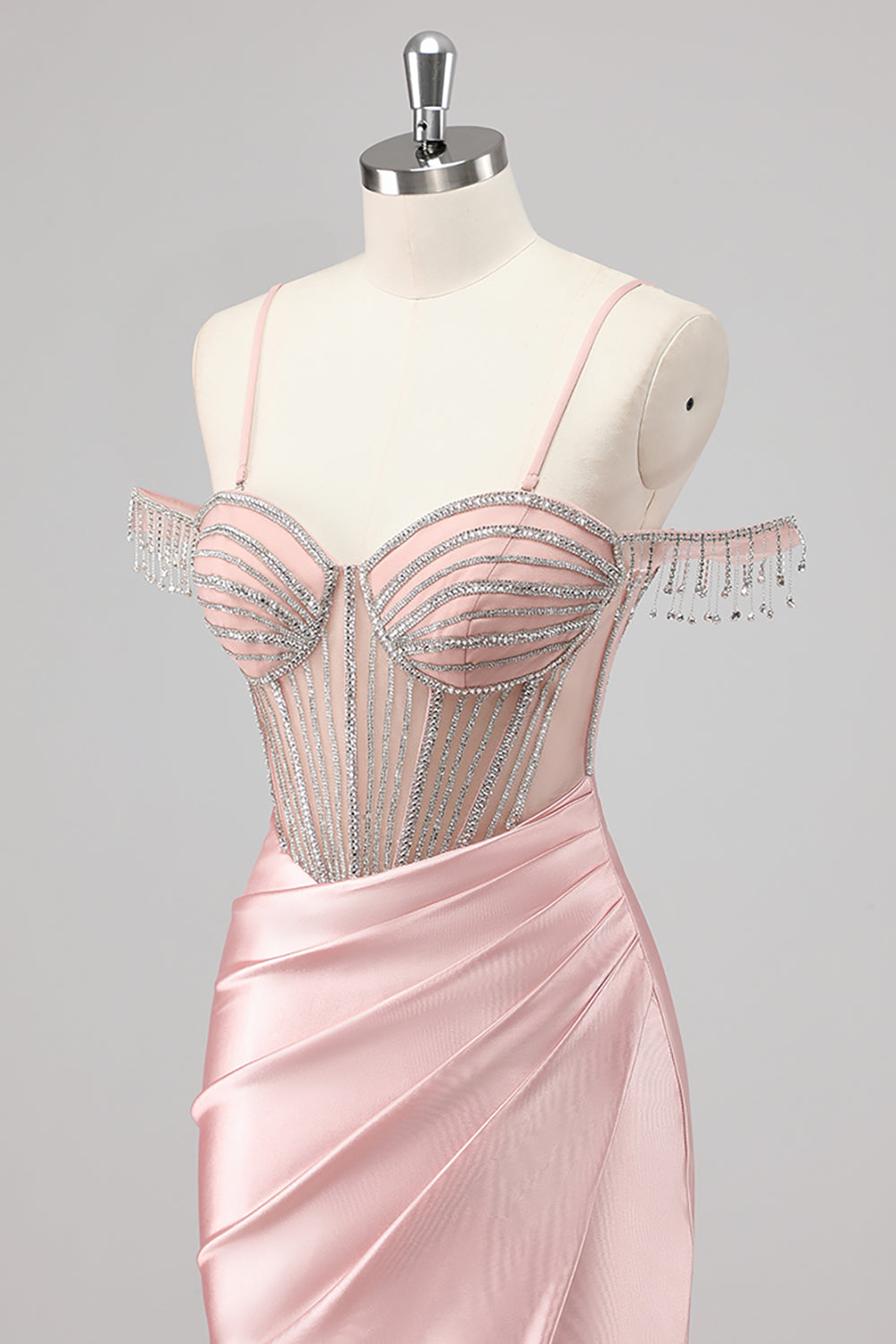 Glitrende havfrue kold skulder beadlet lang lyserød gallakjole med slids
