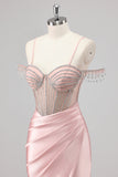 Glitrende havfrue kold skulder beadlet lang lyserød gallakjole med slids