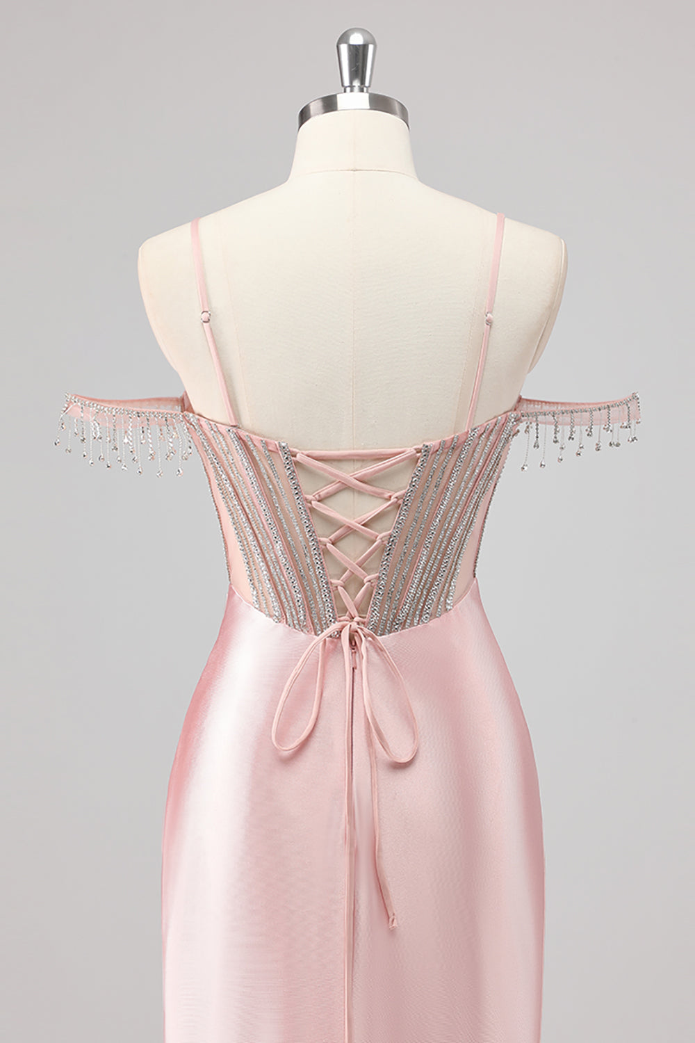 Glitrende havfrue kold skulder beadlet lang lyserød gallakjole med slids