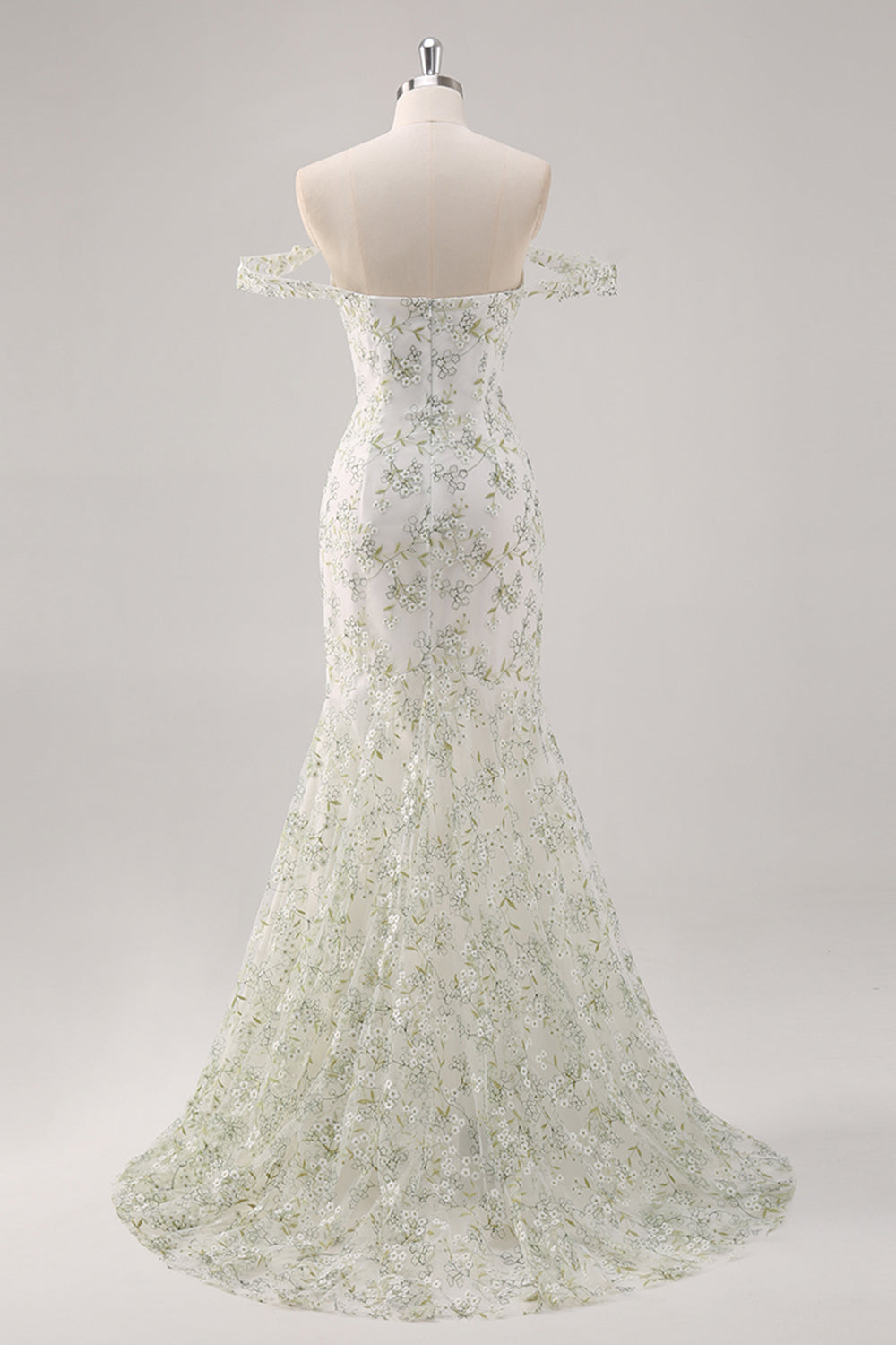 Havfrue Hvid Grøn Blomst Off The Shoulder Lang Gallakjole