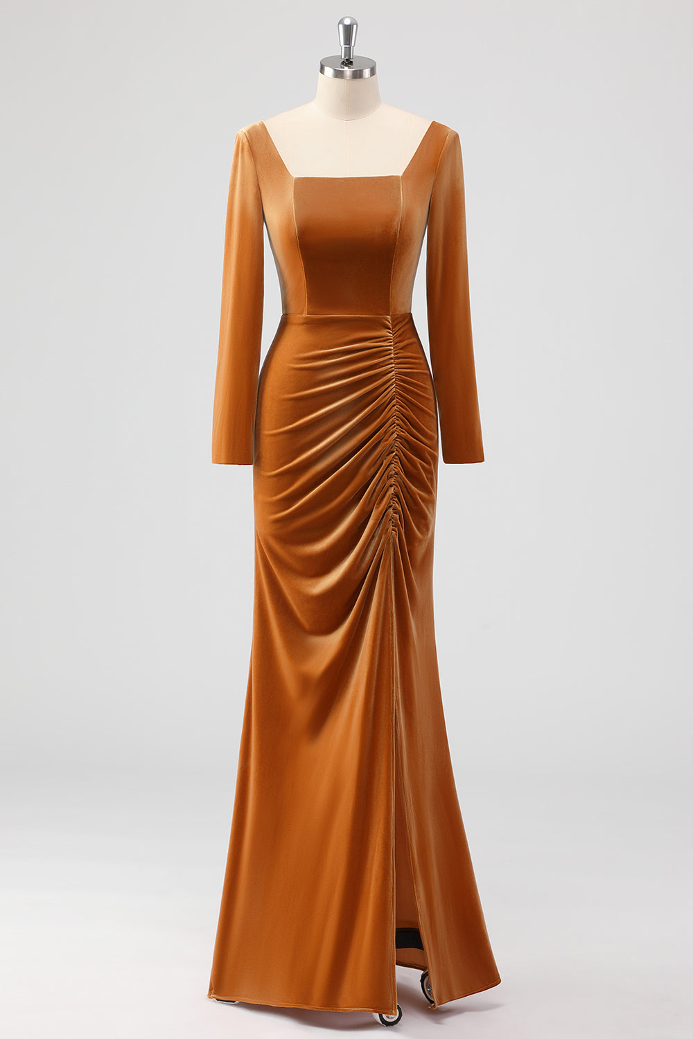 Brun skede firkantet hals fløjl lange ærmer lang brudepigekjole