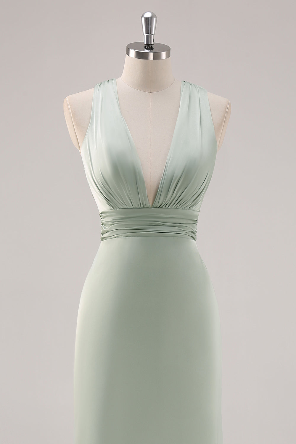 Salvie Grøn Satin Dyb V-hals Åben Lang Brudepigekjole