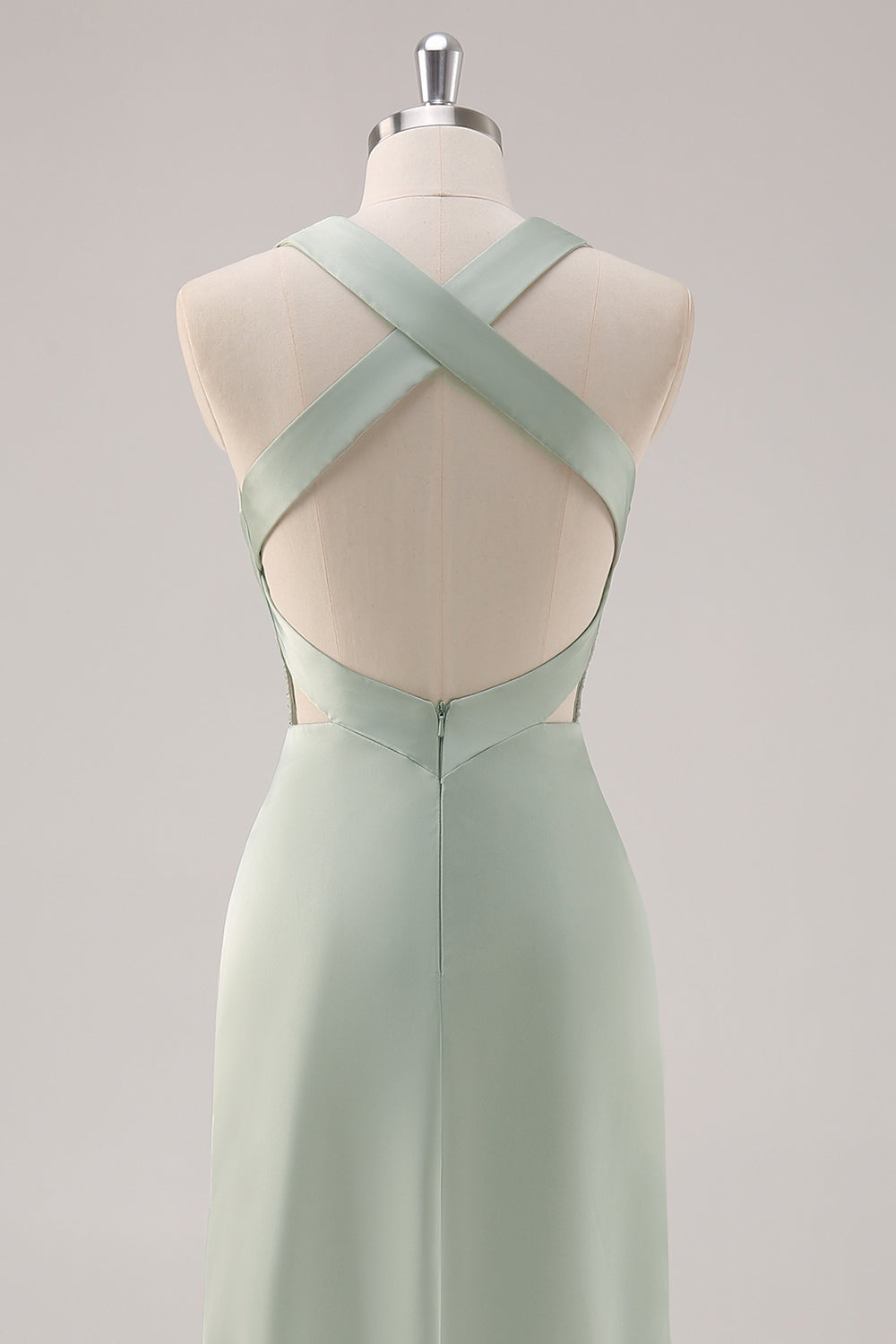 Salvie Grøn Satin Dyb V-hals Åben Lang Brudepigekjole