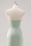 Enkel Havfrue Satin Stropløs Salvie Grøn Brudepige Kjole med Slids