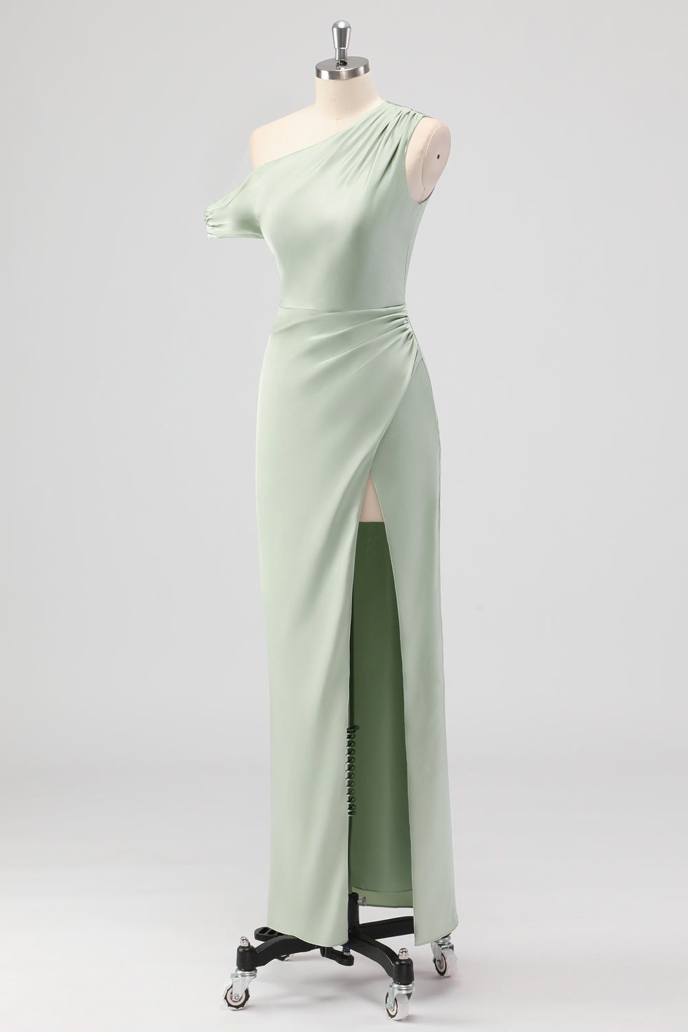 Salvie Grøn En Skulder Satin Ruched Skede Lang Brudepige Kjole