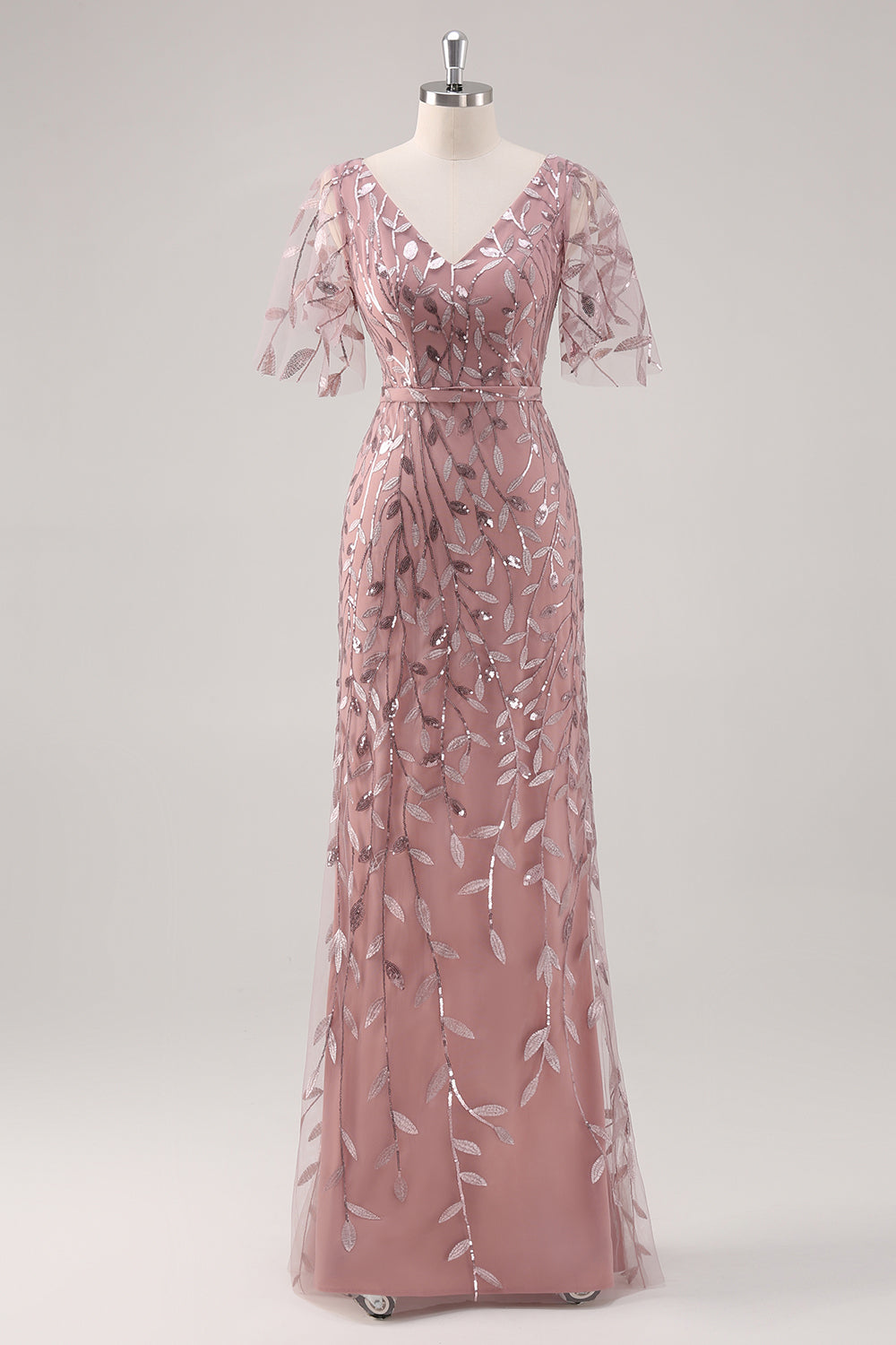 Dusty Rose V-hals skede pailletter mor til bruden kjole med korte ærmer