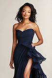 Navy Sweetheart Ruffled Havfrue Lang Formel Kjole med Slids