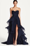 Elegant Navy Ruffled A Line Sweetheart Formel Kjole med Slids