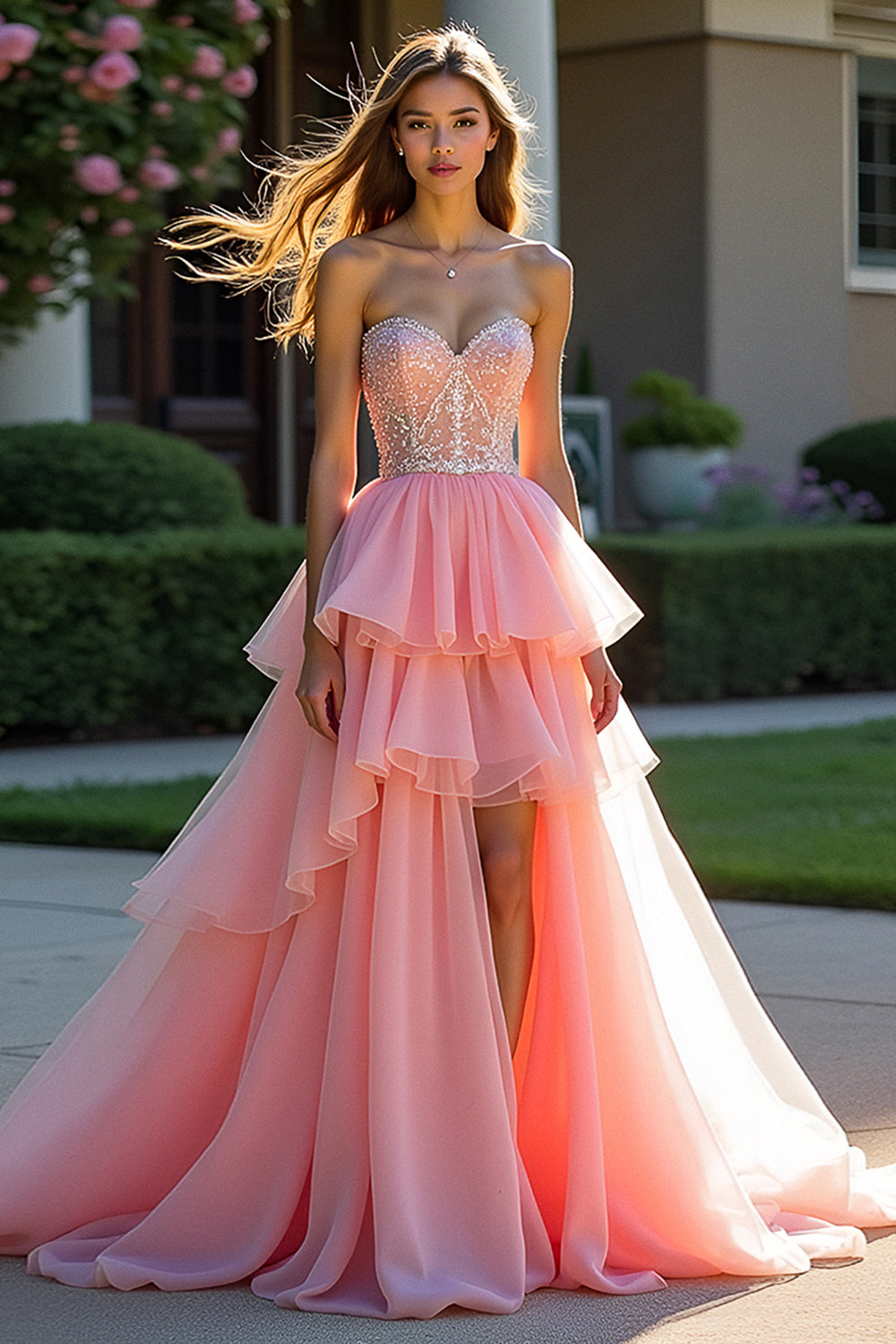 Pink Tyl Lagdelt Stropløs Beaded Prom Kjole med slids