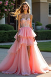 Pink Tyl Lagdelt Stropløs Beaded Prom Kjole med slids