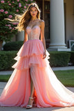 Pink Tyl Lagdelt Stropløs Beaded Prom Kjole med slids