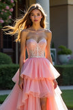 Pink Tyl Lagdelt Stropløs Beaded Prom Kjole med slids