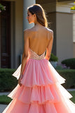 Pink Tyl Lagdelt Stropløs Beaded Prom Kjole med slids