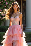 Pink Tyl Lagdelt Stropløs Beaded Prom Kjole med slids