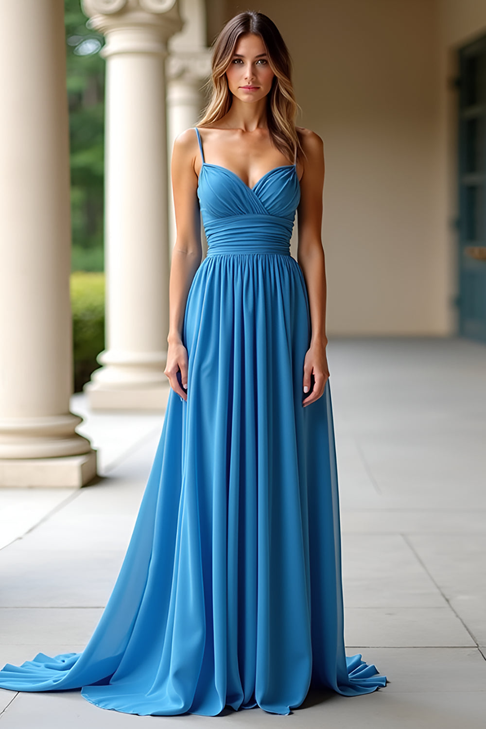 Chiffon A Line Blå Spaghetti Stropper Ruched Prom Kjole