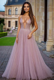 Sparkly Dusty Rose A-linje dyb V-hals tyl lang gallakjole