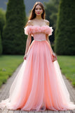 Prinsesse Pink Balkjole Flæsede Off the Shoulder Tyl Lang Gallakjole med Perlebeading