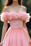 Prinsesse Pink Balkjole Flæsede Off the Shoulder Tyl Lang Gallakjole med Perlebeading