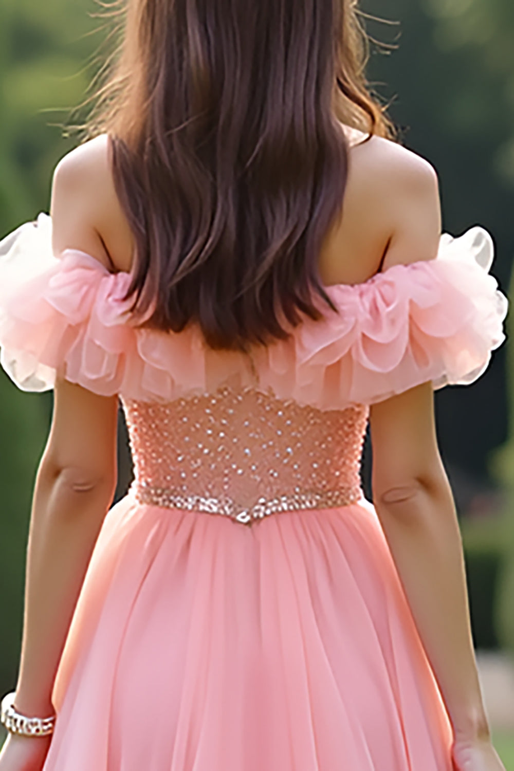 Prinsesse Pink Balkjole Flæsede Off the Shoulder Tyl Lang Gallakjole med Perlebeading