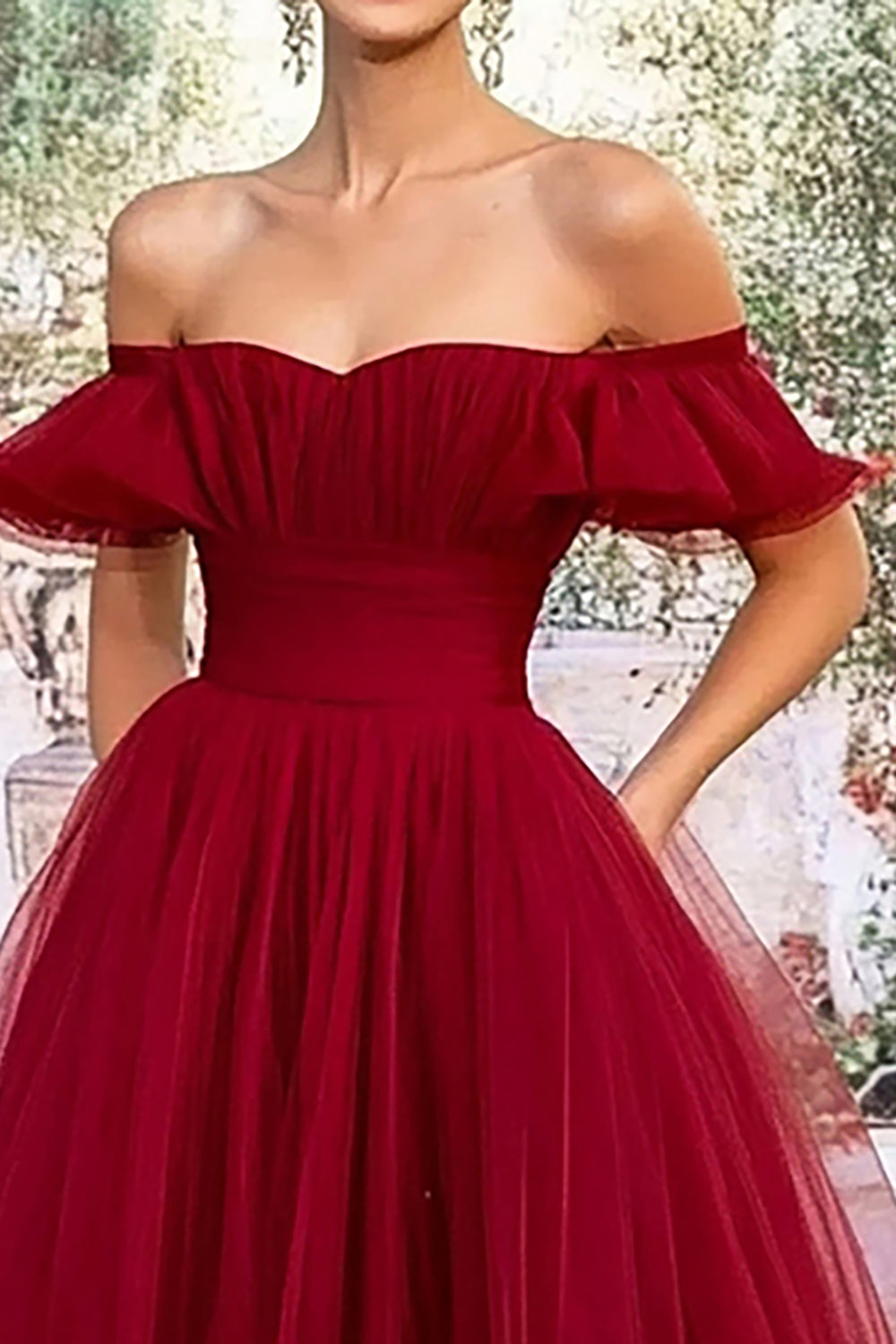 Bourgogne Off the Shoulder Tyl A-linje lang gallakjole
