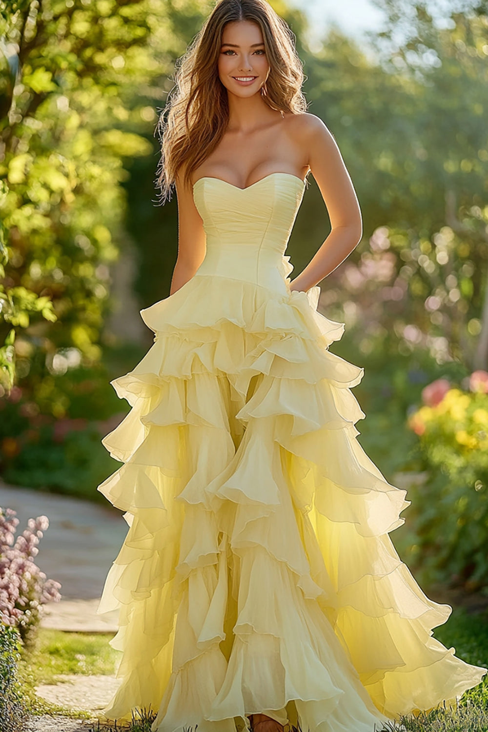 Påskelilje A-linje Chiffon Sweetheart Ruffled Lang Gallakjole