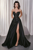 Sort A-linje Satin Sweetheart Lang Gallakjole med Blonder Appliques