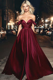 Bourgogne En linje Off The Shoulder Lang Satin Gallakjole
