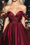 Bourgogne En linje Off The Shoulder Lang Satin Gallakjole