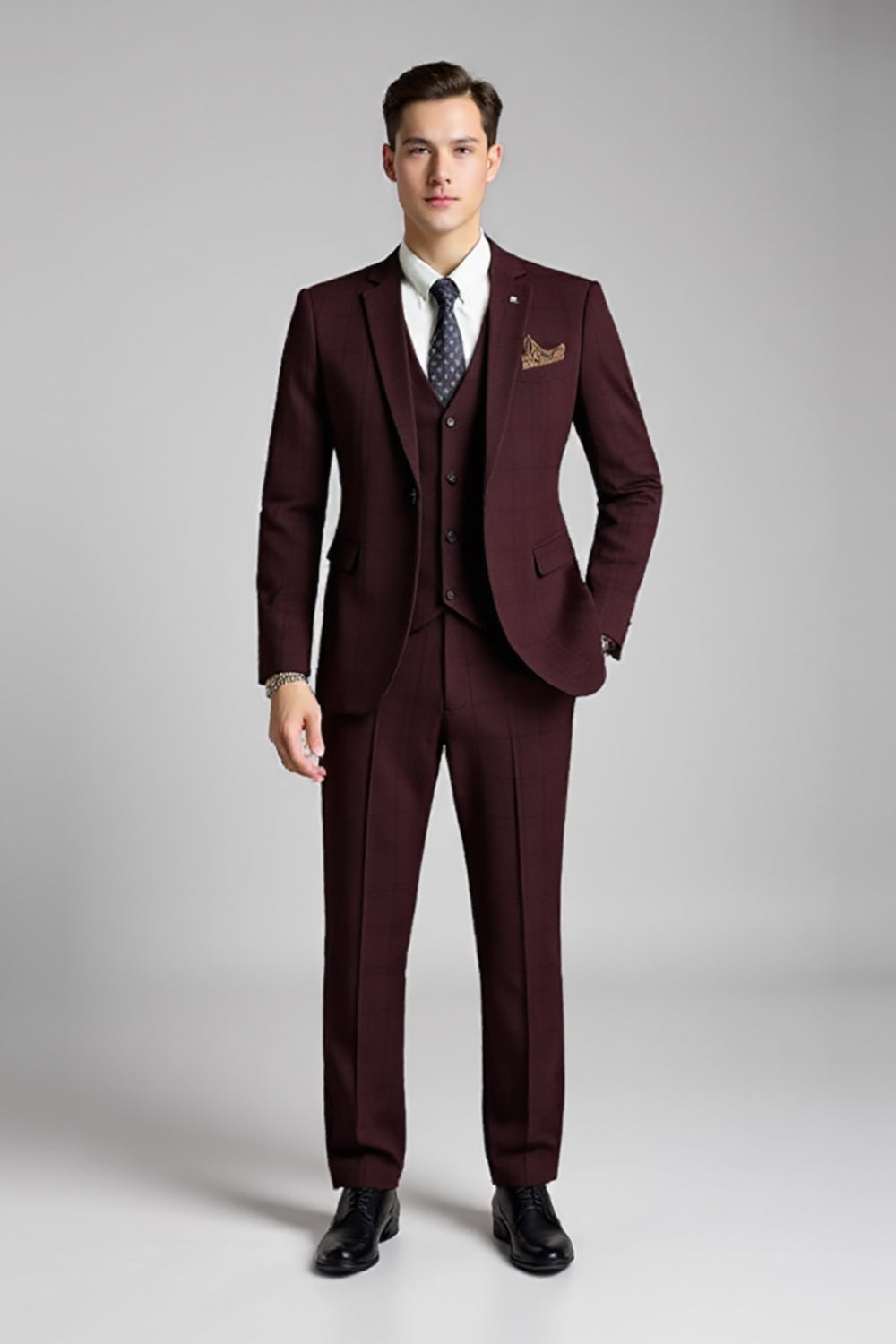 Plaid Notched Revers 3 Piece Burgundy Mænds Jakkesæt