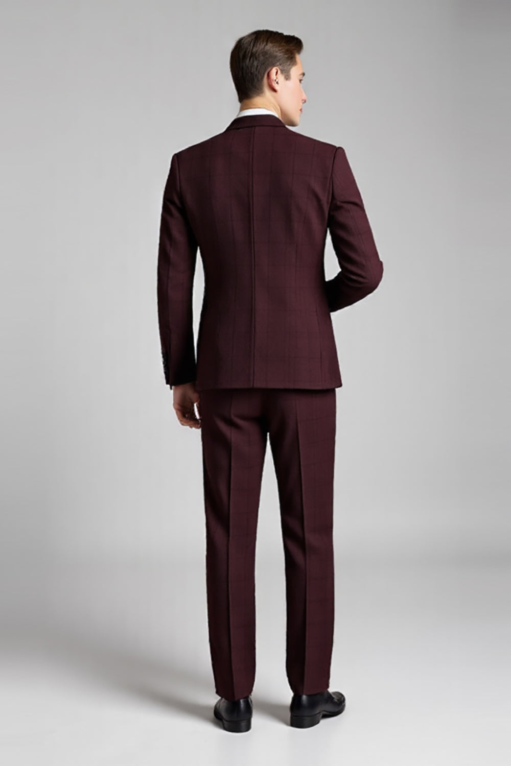 Plaid Notched Revers 3 Piece Burgundy Mænds Jakkesæt