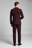 Plaid Notched Revers 3 Piece Burgundy Mænds Jakkesæt