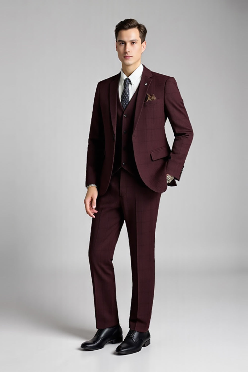 Plaid Notched Revers 3 Piece Burgundy Mænds Jakkesæt