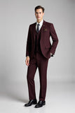 Plaid Notched Revers 3 Piece Burgundy Mænds Jakkesæt