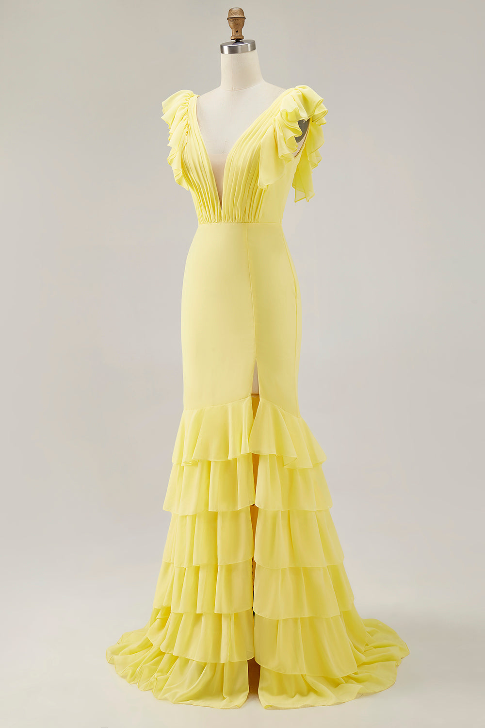 Gul havfrue V-hals lagdelt lang formel kjole med flæseslids