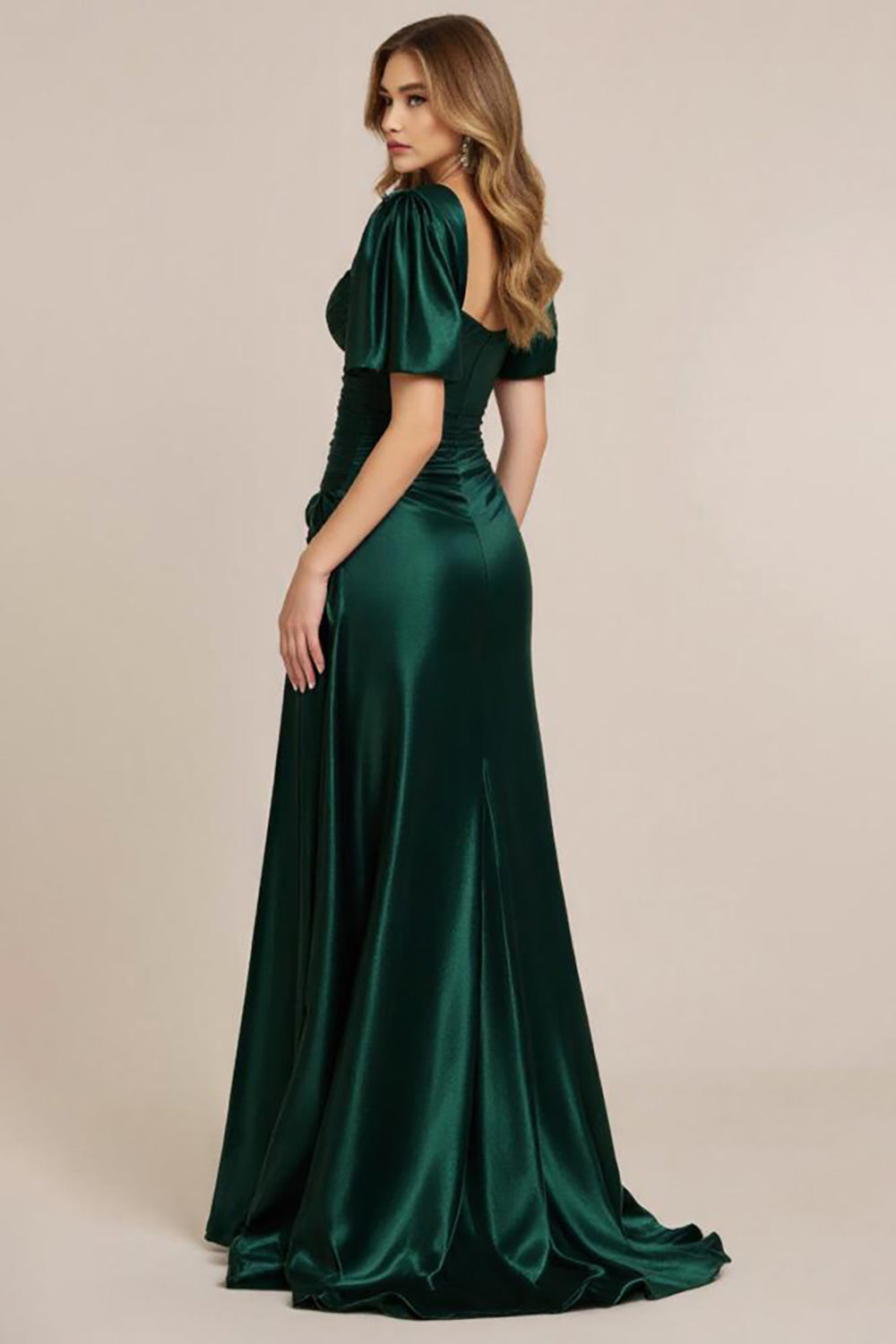 Mørkegrøn Satin A Line Ruched Prom Kjole med Slids