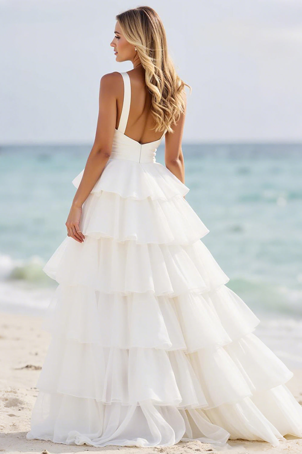 Hvid A Line Lagdelt Organza Gallakjole